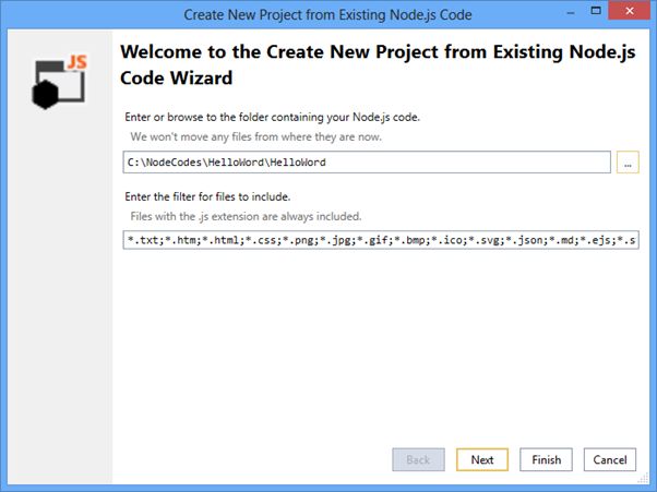 Browse to existing project folder